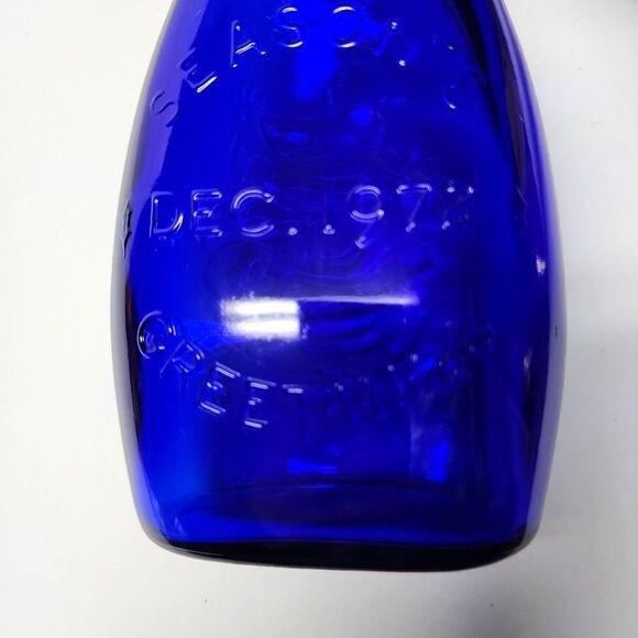 Cobalt Blue Glass Seasons Greetings Bottle w/3 French Hens 1972 - Picture 7 of 8